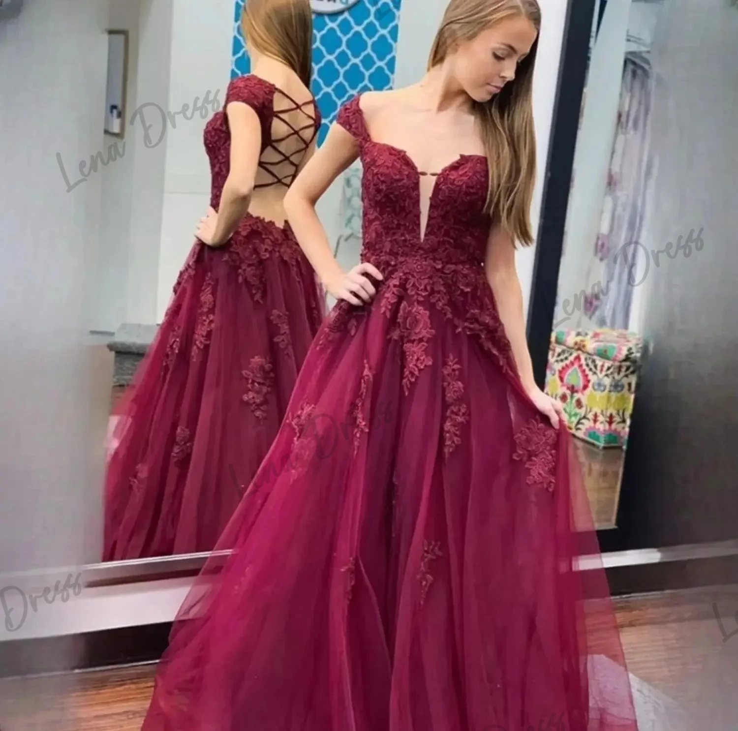 Lena-Elegant Evening Dress 2024 Luxury Evening Dress Wine Red Lace A-line Mesh Backless Ball Dress Formal Ball Dress