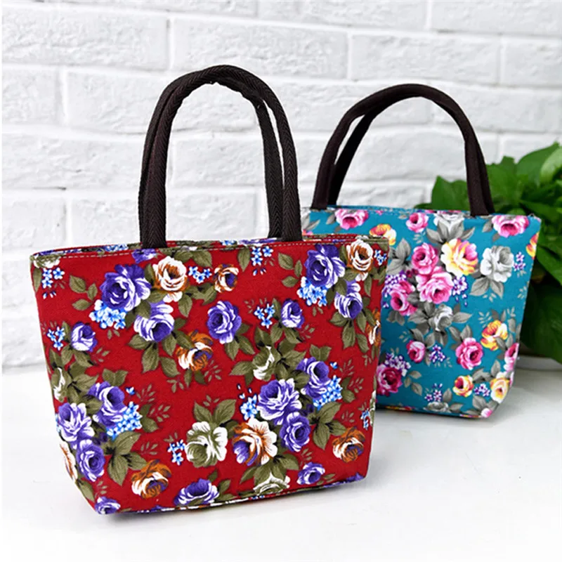 Mommy Handbag Fashionable And Casual Rose Print Western-style Canvas Bag Middle-aged And Elderly Travel Portable Bag