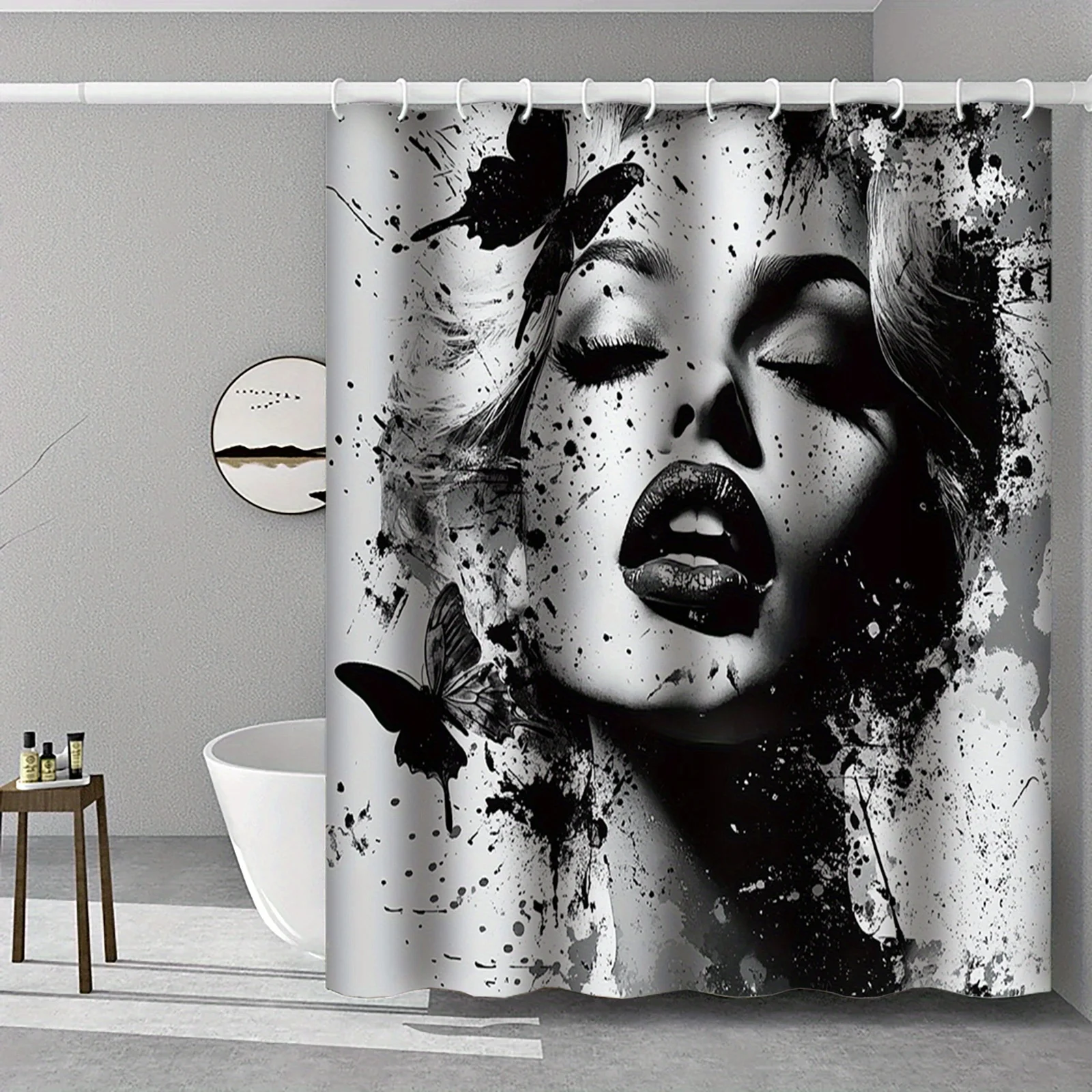 

Художественная женская портретная занавеска для душа с черными чернилами, брызгами бабочек, смелый дизайн, декор для ванной комнаты, 3D принт, водонепроницаемая ванна