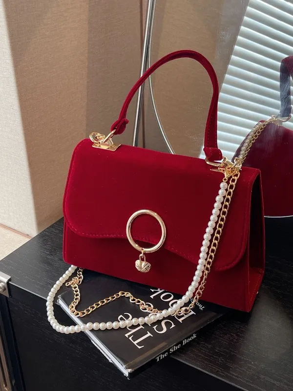 

Korean Minimalist Pearl Bag - Red Velvet Bridal Crossbody, Versatile Top Handle Evening Bag