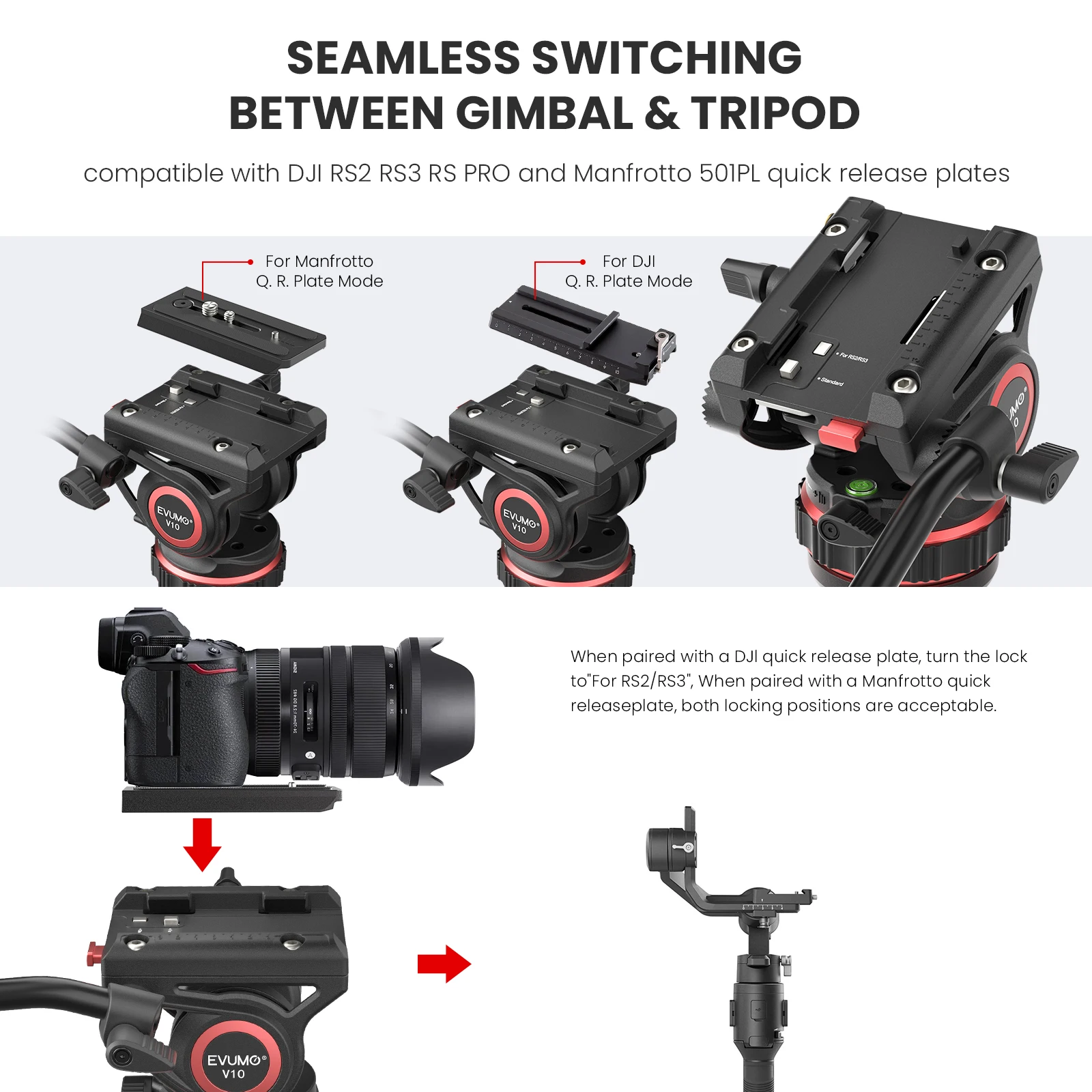 EVUMO V10 cabezal de Video fluido hidráulico profesional, carga máxima de 10kg22lbs, disparo multiángulo para Sony, Nikon, Camara, SLR, DSLR