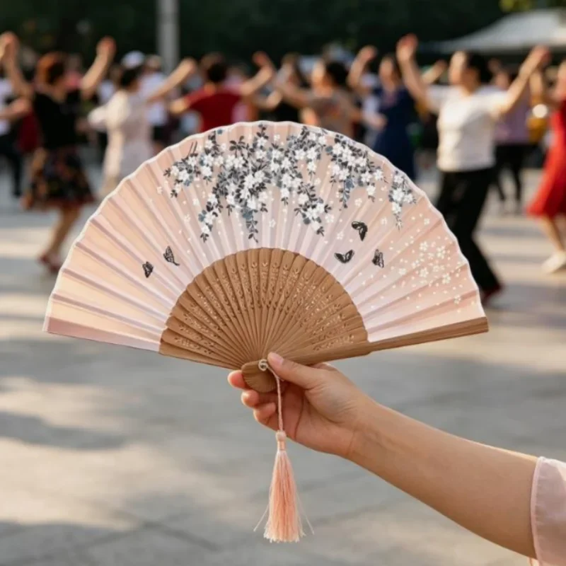 Chinese Style Folding Hand Fan with Tassel for Women Japanese Handheld Fan Dancing Wedding Decoration Party Favor Accessory