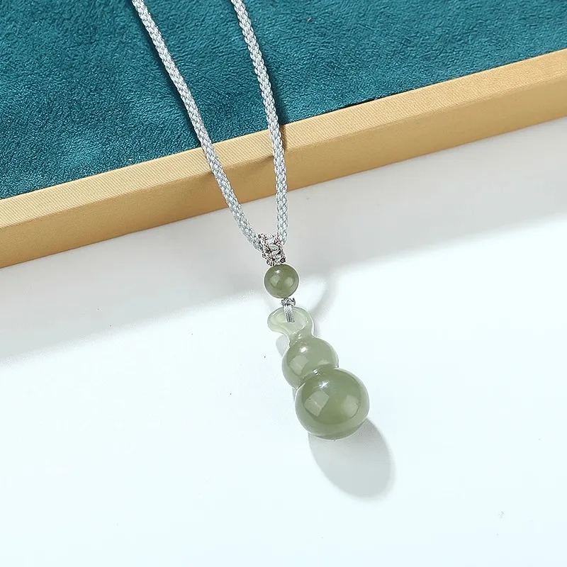 Natural Hetian Jade Gourd Pendant Authentic Blessing Luck Female Style Braided Cord Jade Necklace Chinese Style Pendant Gifts