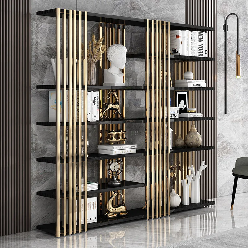 Light luxury bookshelves, stainless steel bookcases, decorative display shelves, floor-to-ceiling Bogu