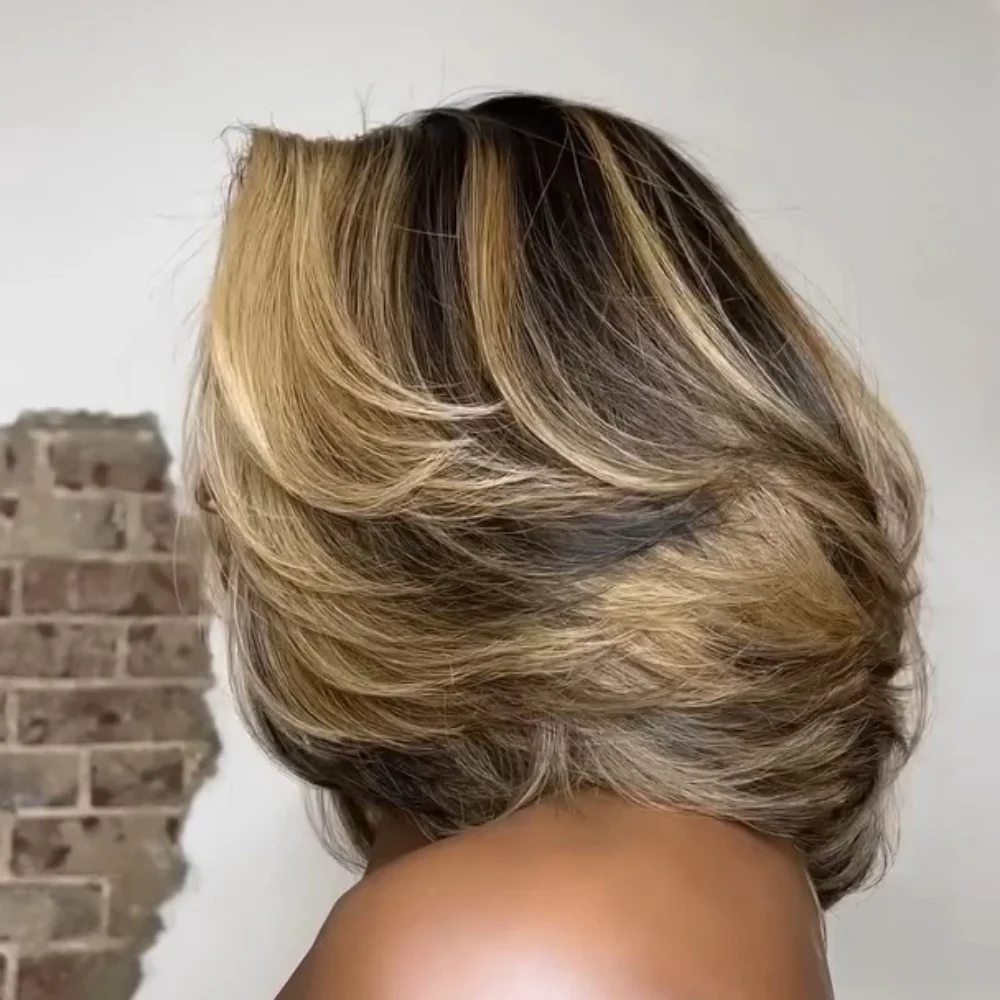 5x5 Closure Highlight Brown Blonde Human Hair Bob Wigs Balayage Short BOB 200% Density Pre Plucked Brazilian view 4