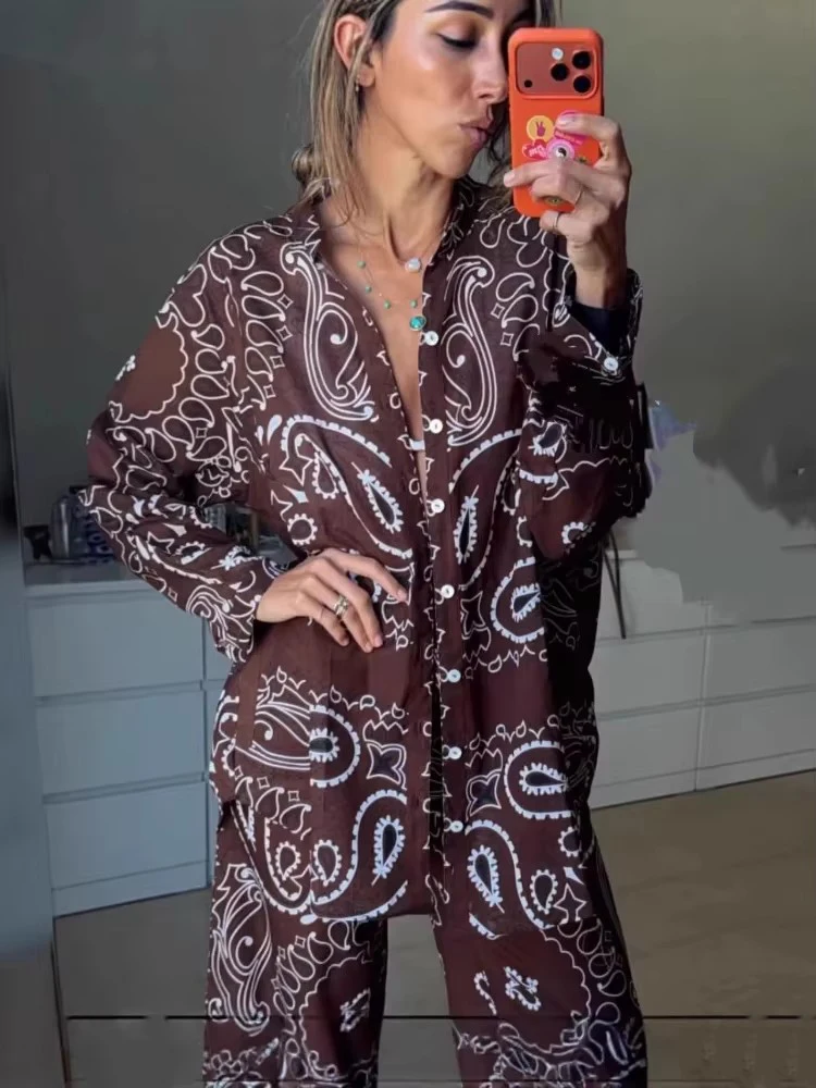 Printing Shirt Two Piece Set Full Sleeves Single Breasted Blouse Pants Casual Vacation Outfit for Women