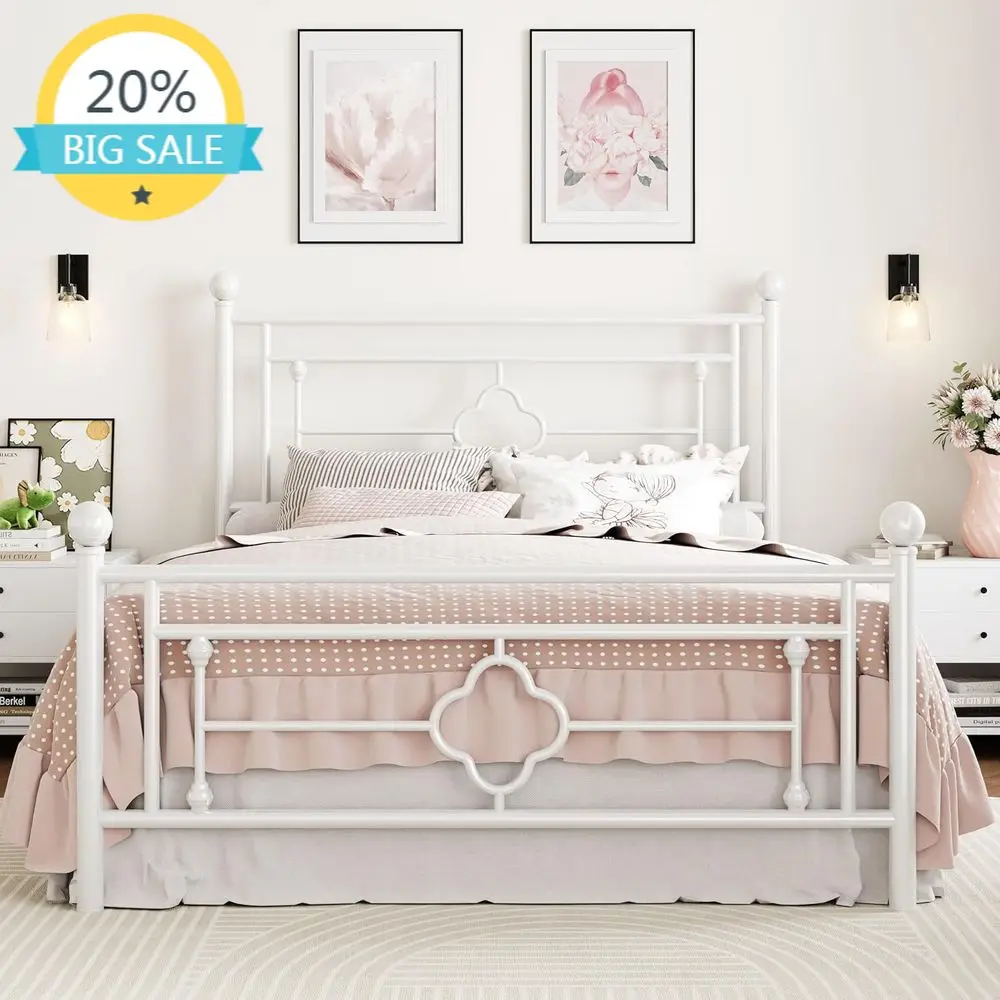 

14 Queen Metal Bed Frame - Vintage Style, Mattress Support, Storage, No Box Spring, Quiet, Easy Assembly, White