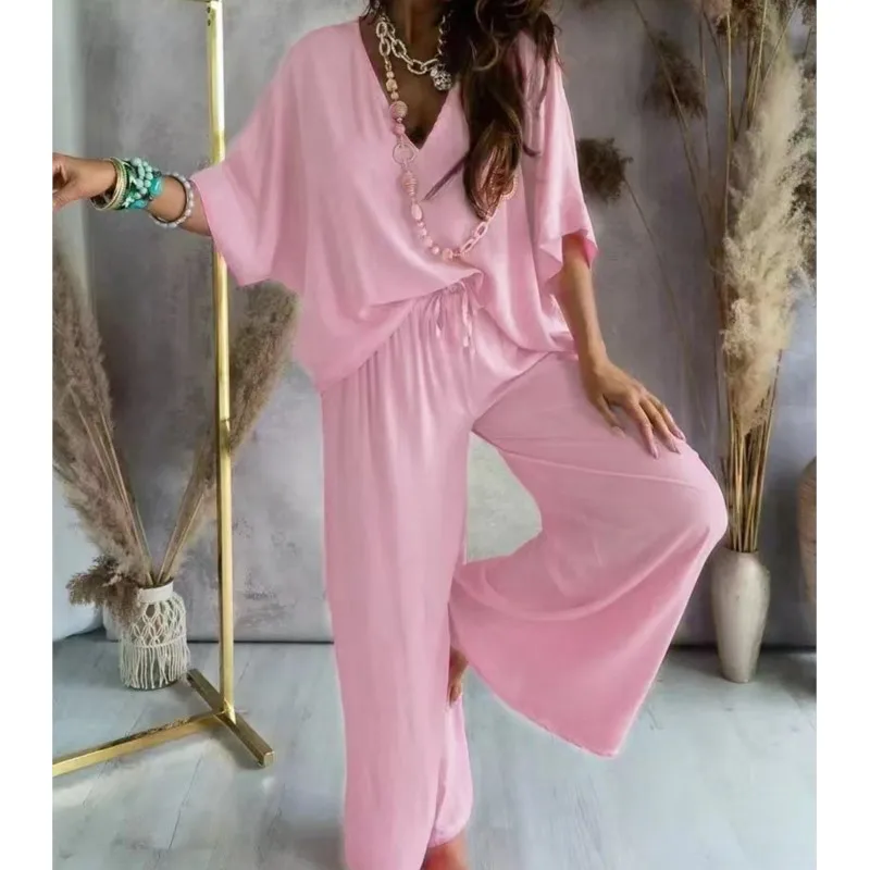 2024 Long Pant Sets Summer two piece set For Women V neck Bat Sleeve Casual Loose Wide-leg Pants 2 piece set solid color Outfits