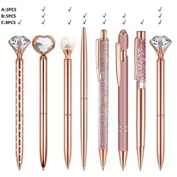 3pcs/5pcs/8pcs/9pcs Rose Golden Metal Ballpoint Pen Set, Pearl Quicksand Crown, Love Artificial Diamond,School&Office Supply