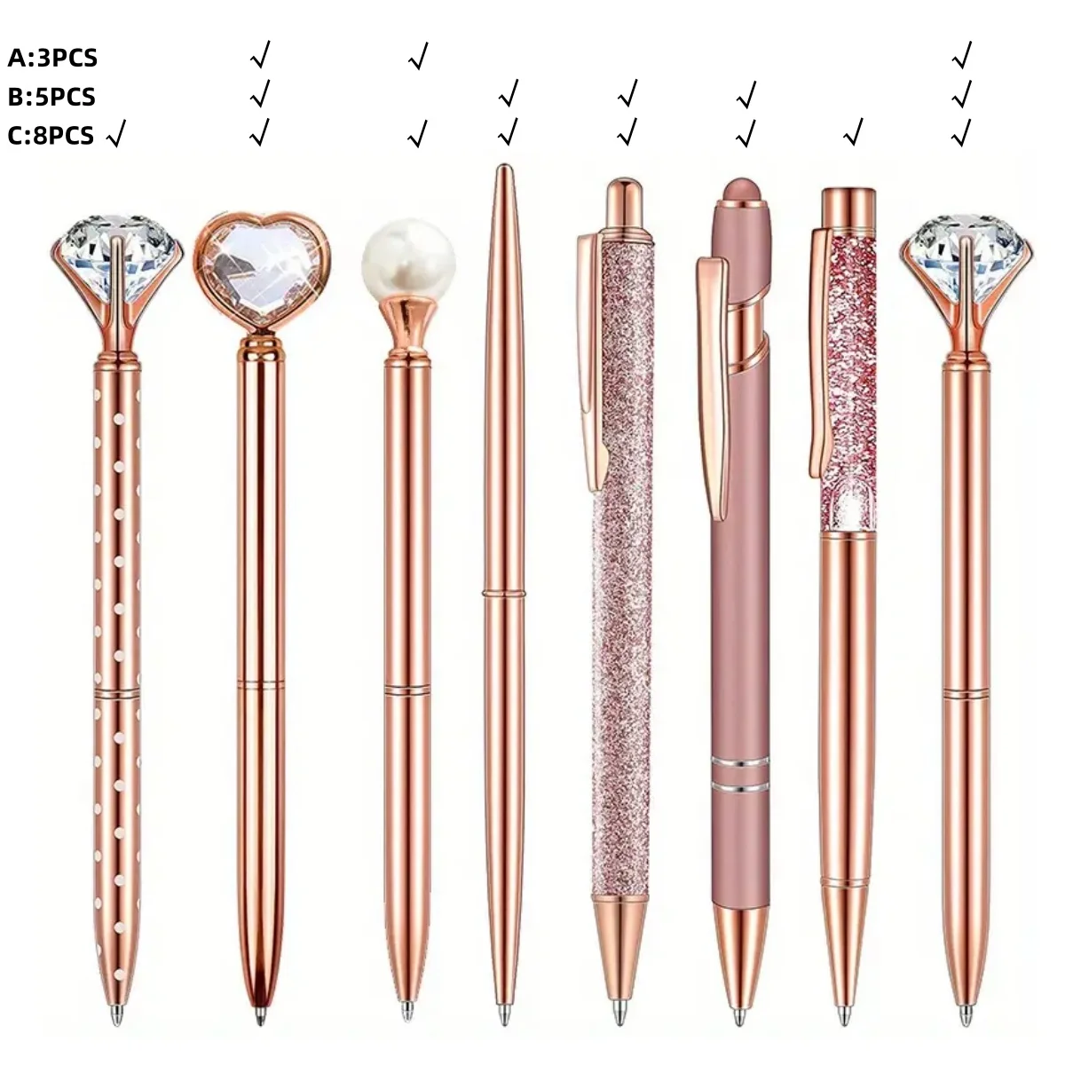 3pcs/5pcs/8pcs/9pcs Rose Golden Metal Ballpoint Pen Set,  Pearl Quicksand  Crown, Love Artificial Diamond,School&Office Supply