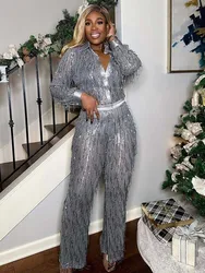 2 Piece Set Women Party Pants Sets Long Sleeve Tassel Sequins Top and Long Trouser Nightclub Wear Two Piece See Through Outfits