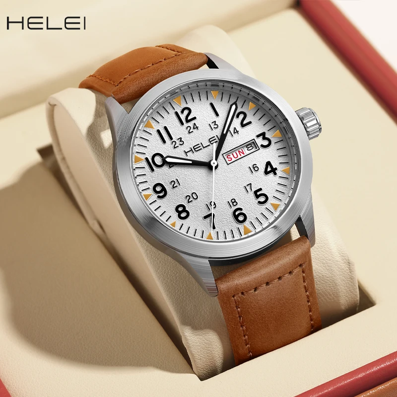 

HELEI Hot New 2024 Casual Popular Men's Quartz Watch Waterproof Date Week Luminous Wristwatch For Men Leather Strap reloj hombre