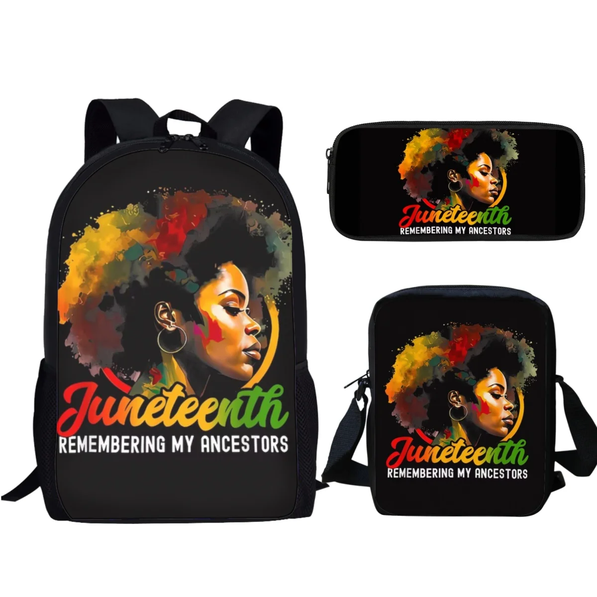 

2023 Black History Month African Woman Printed School Bag 3PC Portable Lunch Satchel Pen Case Travel Computer Backpack Bookbags