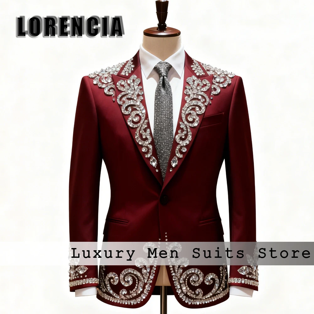 Elegant Crystal Men Suits  2 Pieces Sets Glitter Rhinestone Wedding Groom Tuxedos Customized Male Blazer Pant costume homme luxe