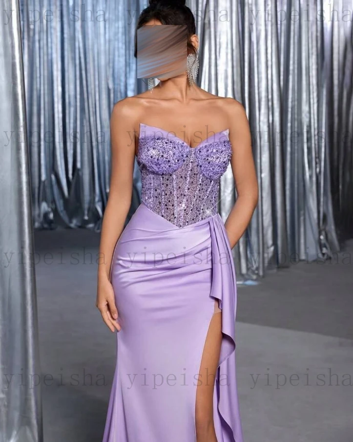 Personalizado sem alças vestidos de noite sem costas lantejoulas miçangas babados lado alta fenda sereia vestido de baile moder longo vestido de festa