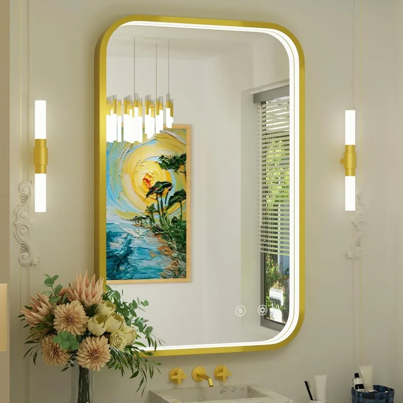 24x36 Inch LED Bathroom Mirror, Wall Mounted Gold Frame Vanity Mirror with Lights, Stepless Dimmable Light Up Mirror,