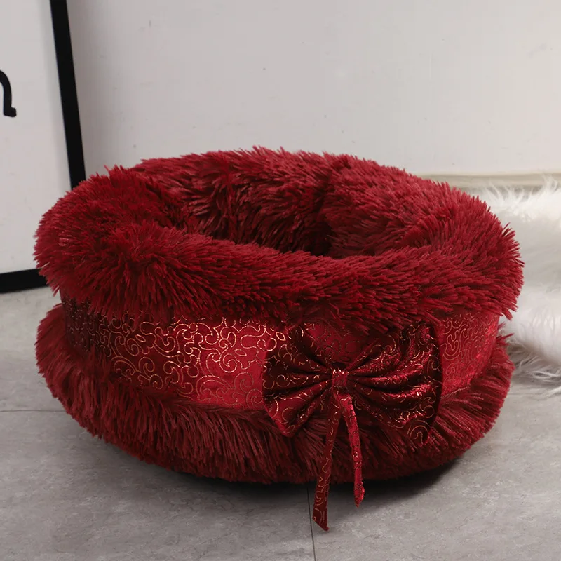 Fashion Four Seasons Universal Warm Circular Bow Cat Bed Plush Cute Dog Kennel Cat Kennel Semi Closed Medium and Small Dog Bed