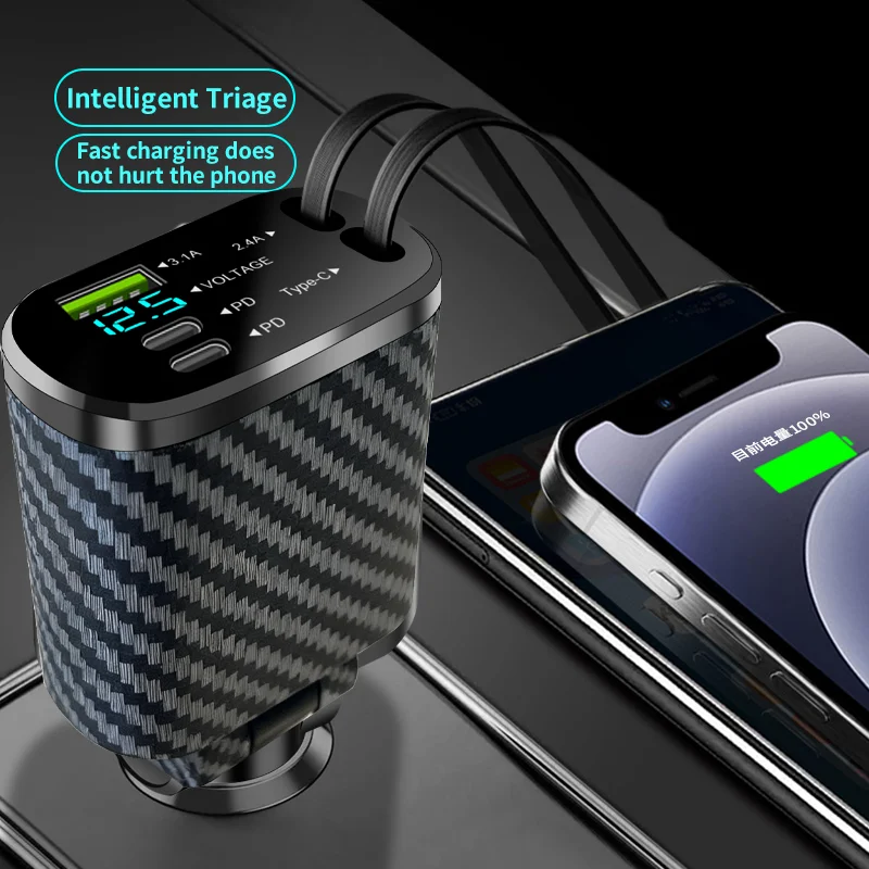 شحن سريع 5 في 1 شاحن سيارة قابل للسحب شحن سريع شاحن سيارة USB من النوع C، محول مع كابل سلك قابل للسحب #3