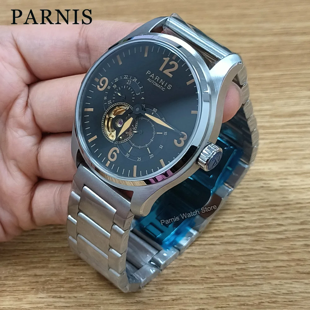 

Parnis 44mm Automatic Sapphire Crystal Men's Mechanical Watch 24-hour Black Dial Stainless Steel Case