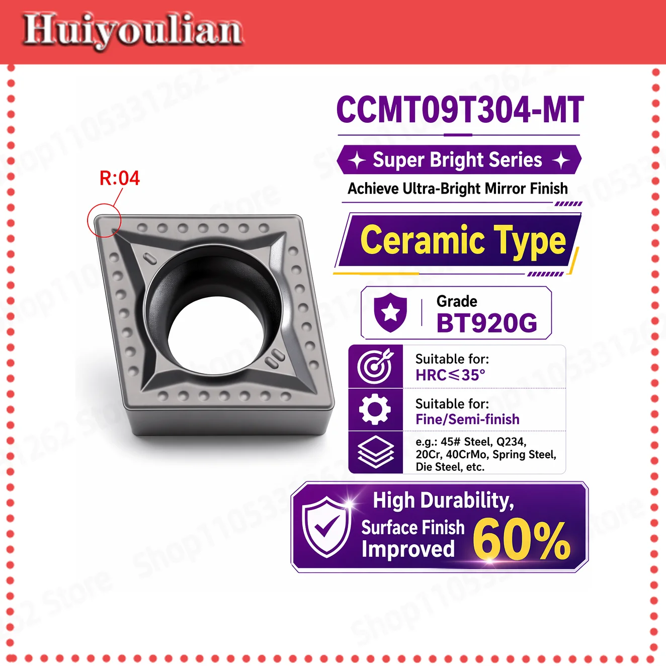 CCMT09T304-MT CNC Lathe Boring Insert Ceramic Grade Ultra-Bright Series Max HRC35 Finishing Semi-finishing