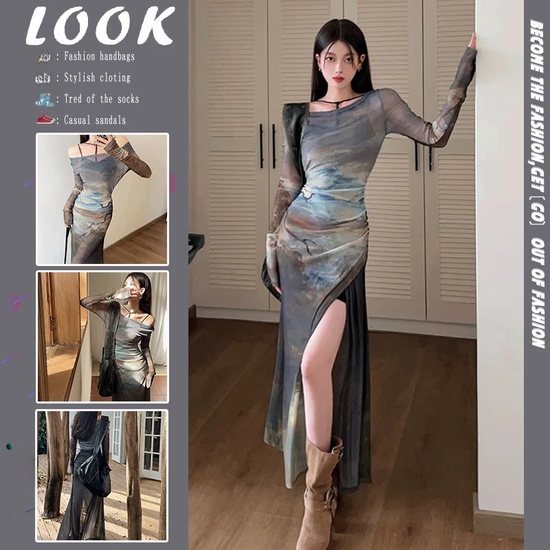 

American Retro Tie Dye Mesh Long Sleeve Dress Spring Waist Cinching Slimming Split Long Dress Inner Tube Top Two Piece Set