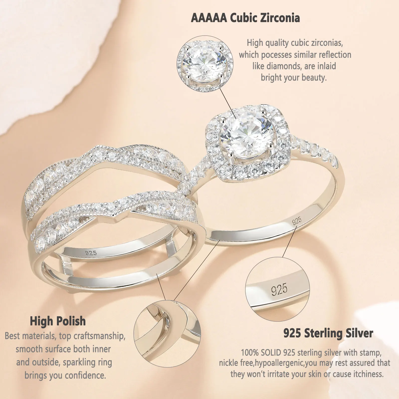 Newshe 2Pcs Wedding Rings for Women 925 Sterling Silver Original Jewelry AAAAA Cz Engagement Ring Bridal Set Enhancers and Wraps