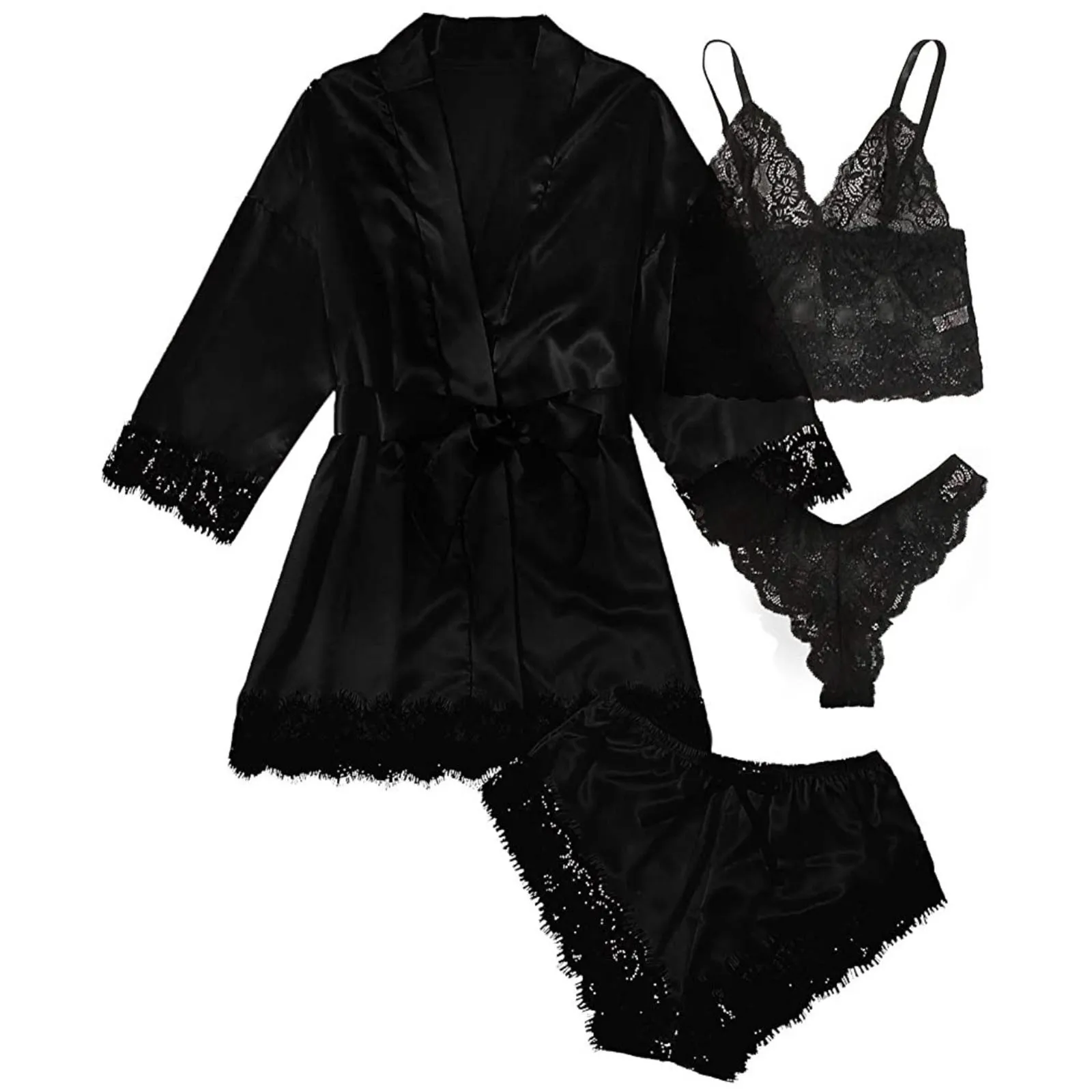 Woman Sleepwear Pajamas Ser With Robe Sexy Lace Lingerie Bathrobe Silk Satin Home Clothed Nightwear Robe