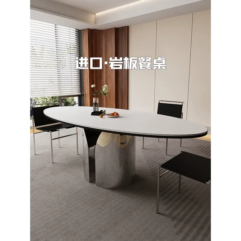 Modern Oval Dining Table Set with Chairs Italian Rock Slab Top Light Luxury Simple Design for Small Apartment Household Use