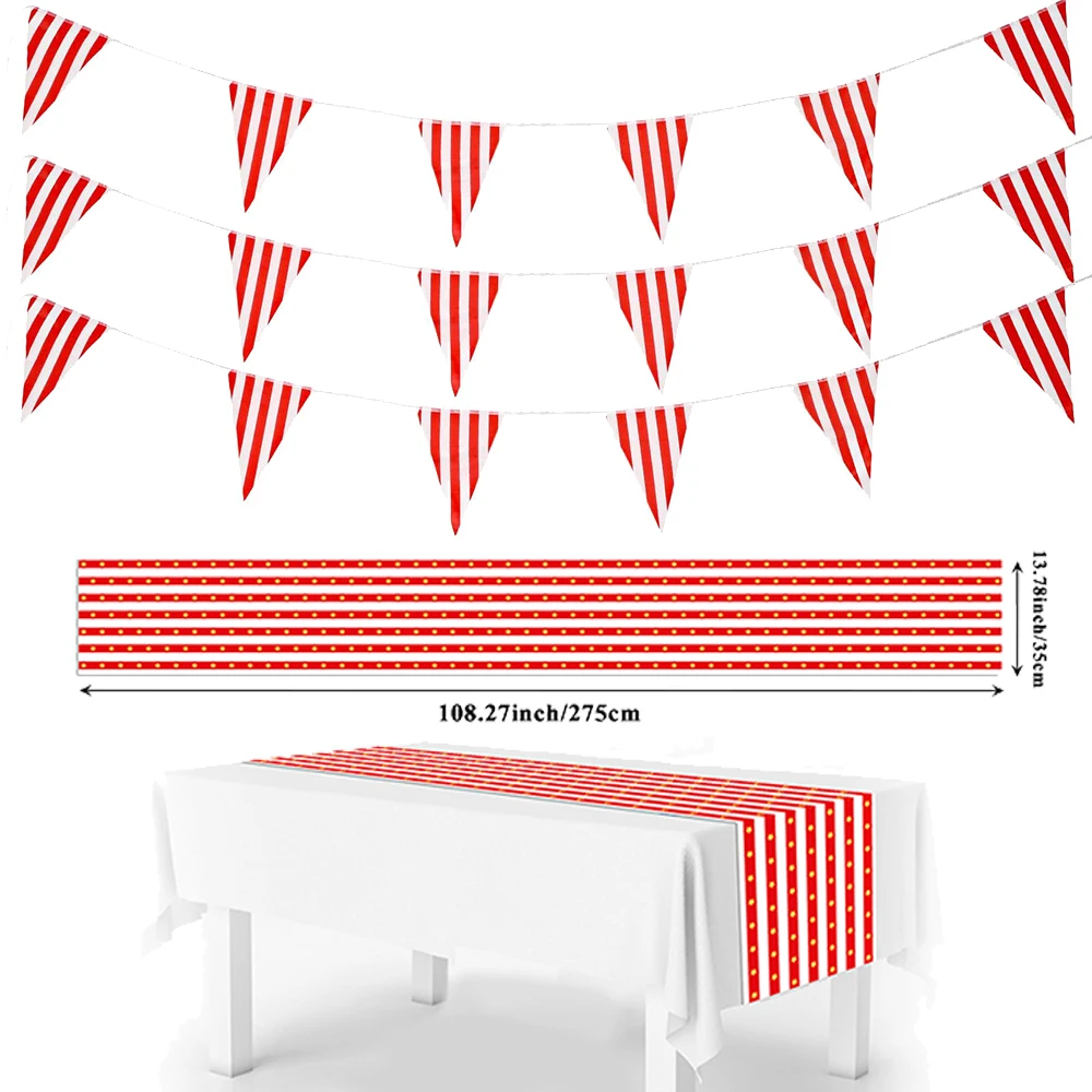 Karneval-Zirkus-Tischläufer mit roten Streifen, Karnevalsparty-Dekoration, Einweg-Tischdecke, Tischdecke, Geburtstagsparty-Zubehör – Detail 2