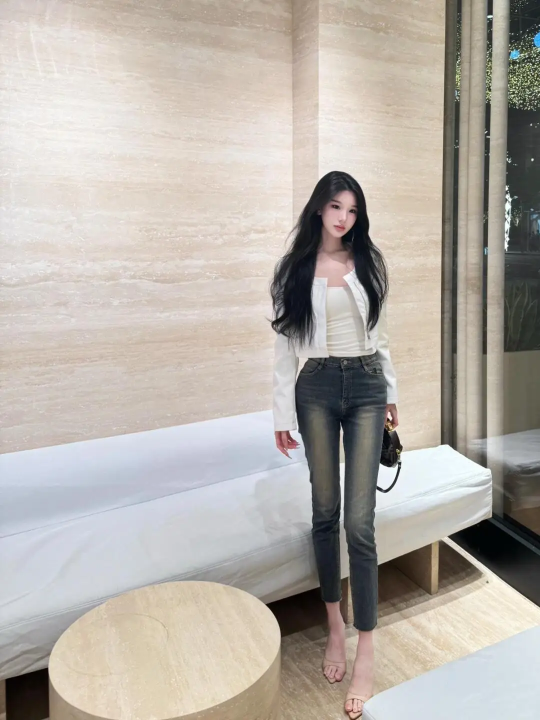 

Retro Blue Denim High Waist Stretchy Slimming Faded Simple Match Nine Points Women's Jeans Cotton Elastic Denim Pants