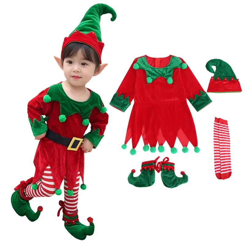 

Christmas Children's Girl Role Play Cute Green Christmas Elf Costume Set Boy Christmas Gift New Year Party Performance Costume