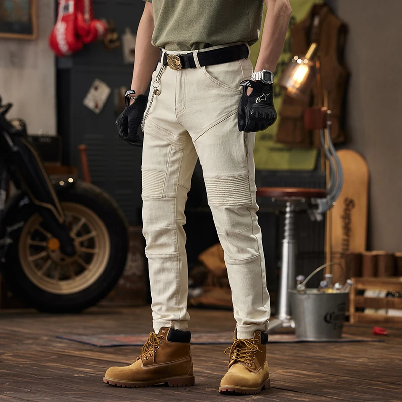 Pantalones vaqueros de motocicleta plisados para hombre, diseño de costura Beige, moda de calle alta, ajustados, atados al tobillo, marca de moda, Trous de motocicleta