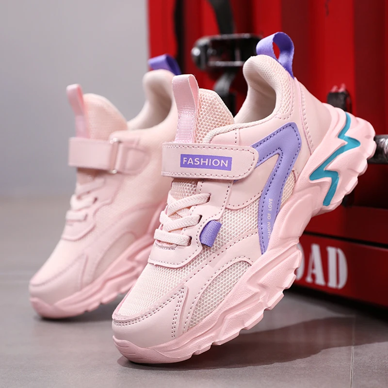 أحذية رياضية للفتيات أحذية رياضية للجري باللون الوردي قابلة للتنفس للأطفال مضادة للانزلاق أحذية رياضية مريحة للتنس والمشي بخطاف وحلقة #1