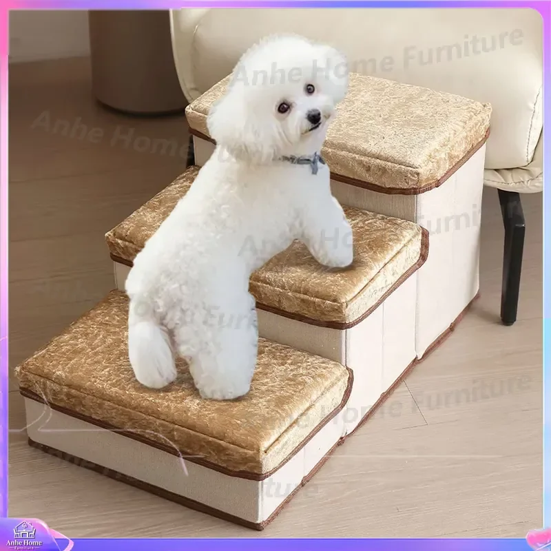 Gray Brown Solid Fabric Dog Stairs Pet Ladder Multi Layer Removable Small Dog Steps Classic Household Eco Friendly Furniture