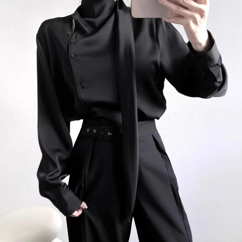 

Korean Chic Autumn New Niche Design Ribbon Collar Side Single Breasted Causal Long Sleeved Top Shirt for Women