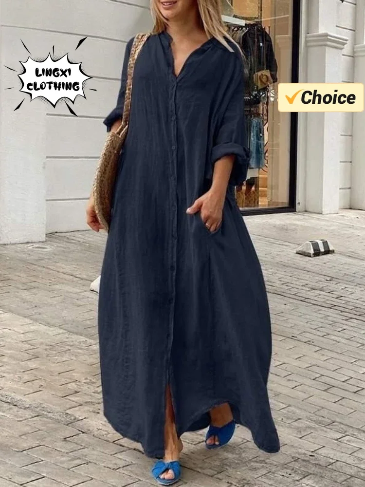 2024 New Women\'s Cotton and Hemp Loose Robe Summer Beach Sunscreen Clothing Cotton and Hemp Single Breasted Long Shirt Dress