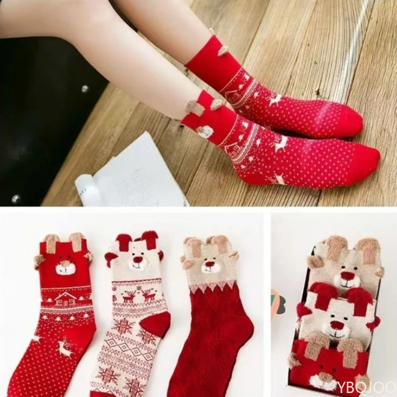 3 pares meias de natal feminino bonito papai noel outono inverno elk feminino meados de bezerro meias festival feliz natal meia 2025