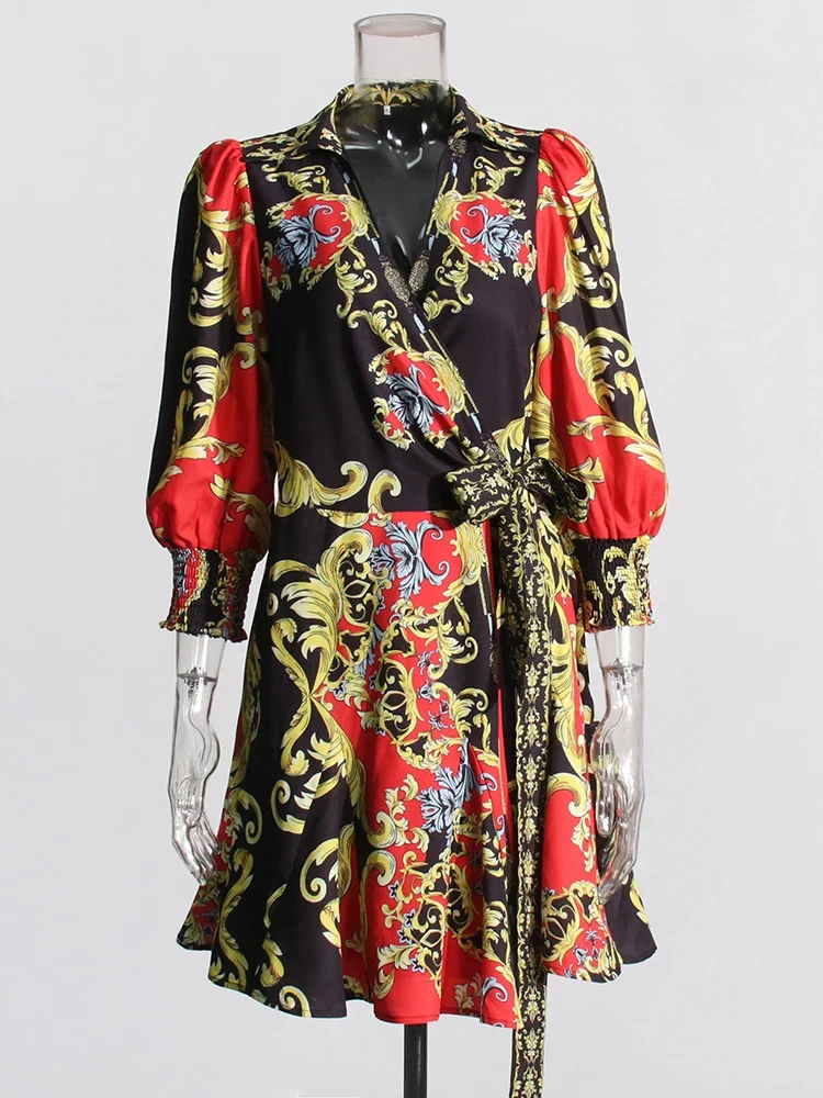 CHICEVER-minivestido con estampado Vintage para mujer, ropa elegante con cuello en V, manga farol, cintura alta, Patchwork, con cordones, nuevo