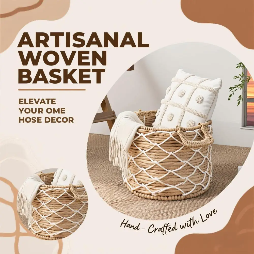 

With handle - circular water hyacinth woven basket, suitable for storing clothes, towels, canvas, toys and magazines, as well as