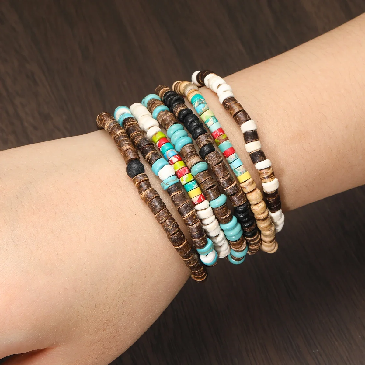 Turquoise Stone Wood Beads Bracelet Stackable Elastic Bracelet For Men and Women Retro Boho Vacation Jewelry 1pcs view 3