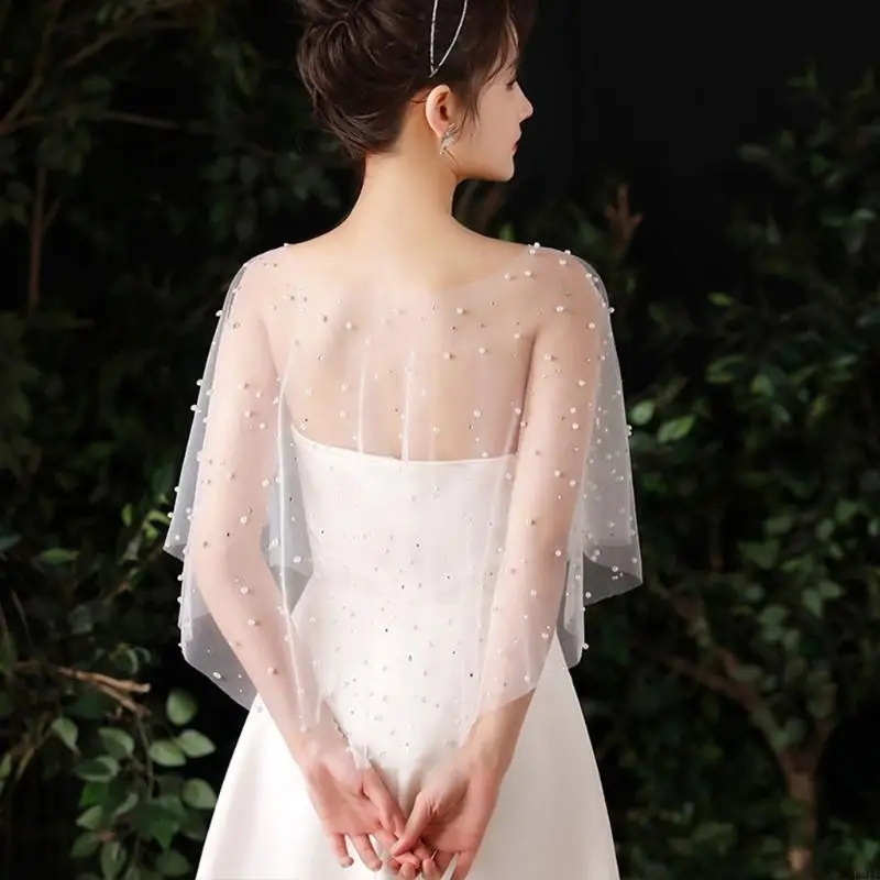 

L21E Women Sheer Tulle Pleated Wedding Shawl for Rhinestone Pearl Beaded White Capelet Vintage High Low Shrug Wrap Cape for Up