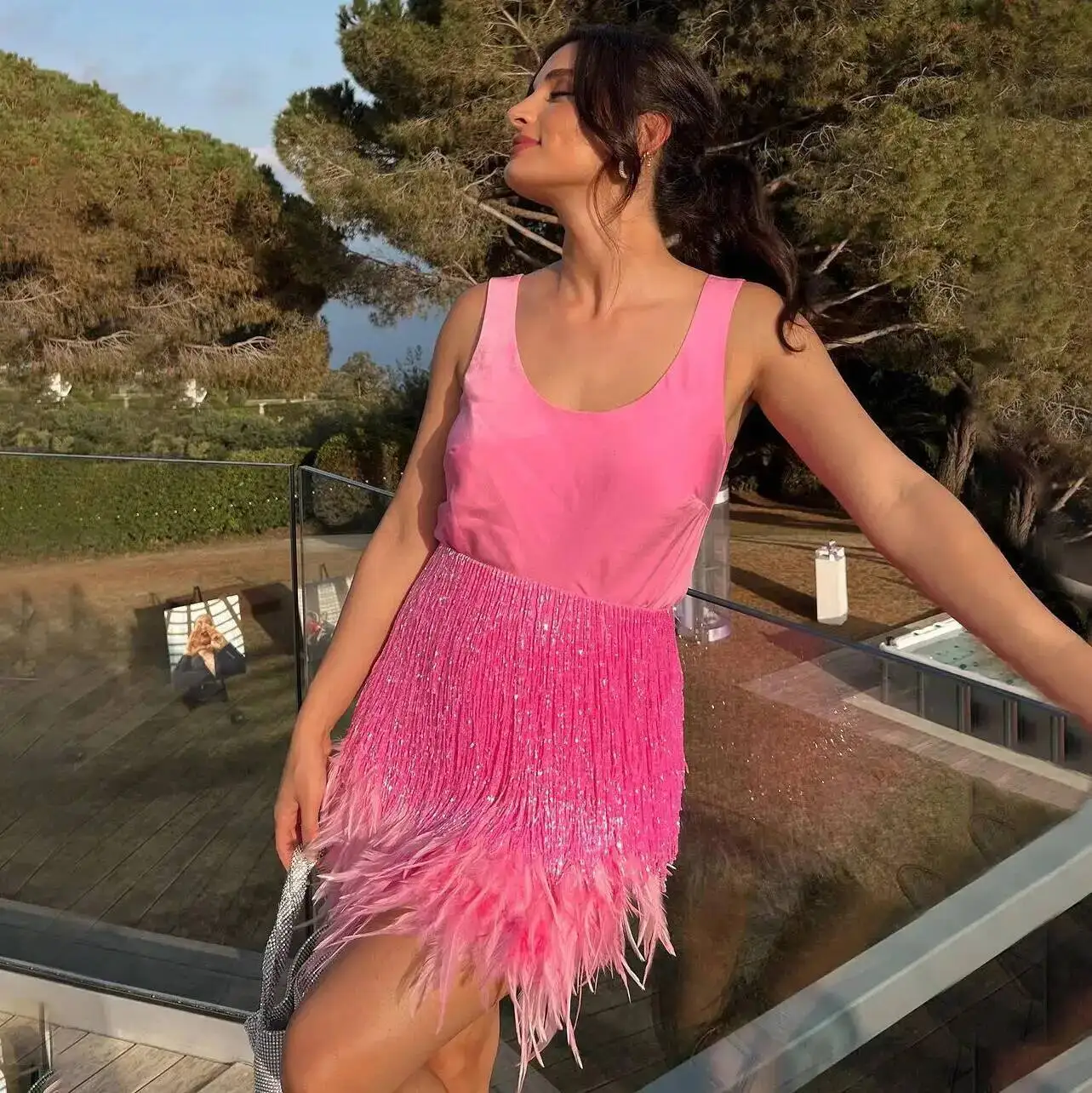 

New Temperament Style Dinner Suit Two-piece Sexy Skirt Tassel Feather Skirt Wedding 2025 Summer Dress Robe Vestido Women Elegant