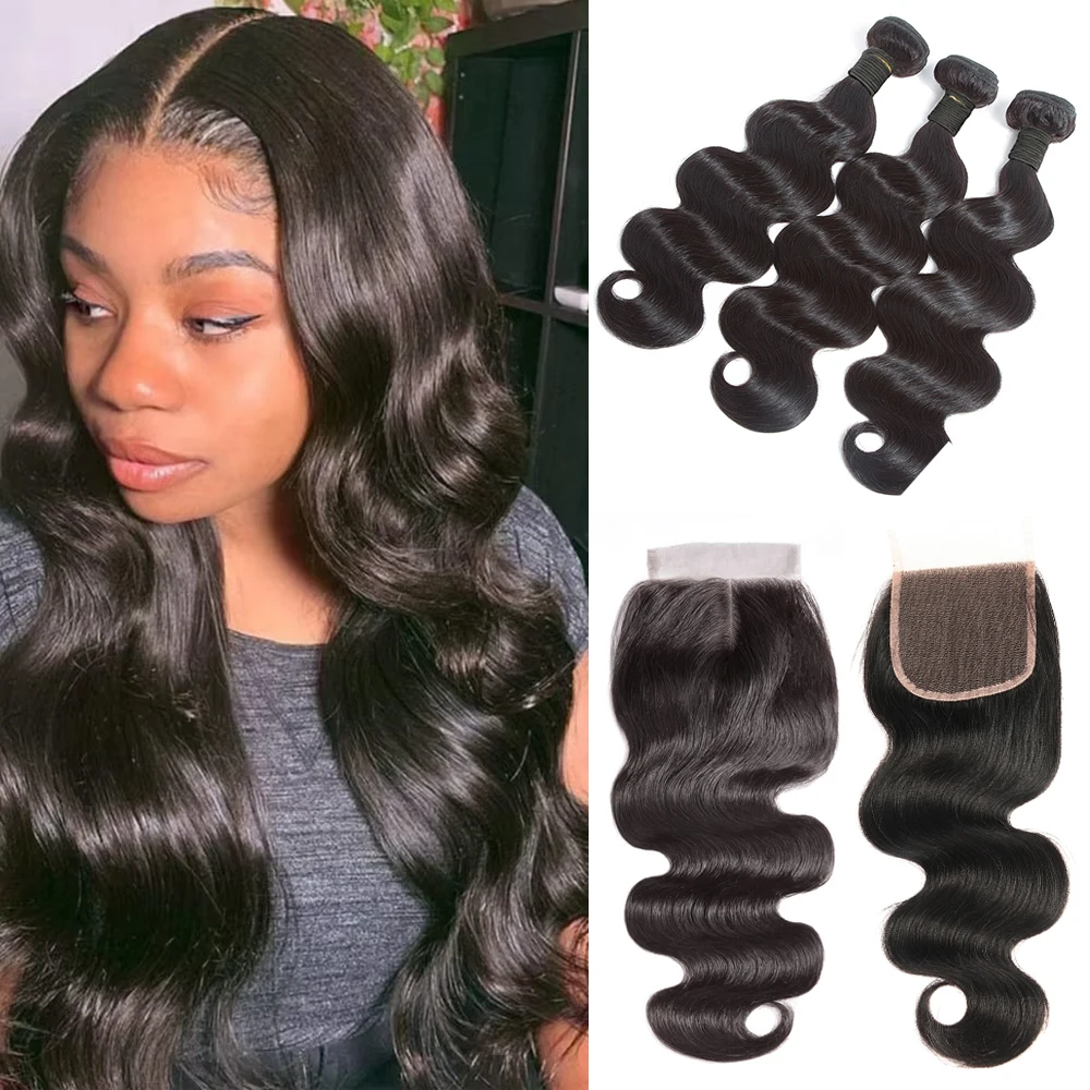 

Body Wave Bundles with Closure Brazilian Human Hair Bundles 4x4 Lace Closure Natural 3Bundles with Closure Weave Extensions