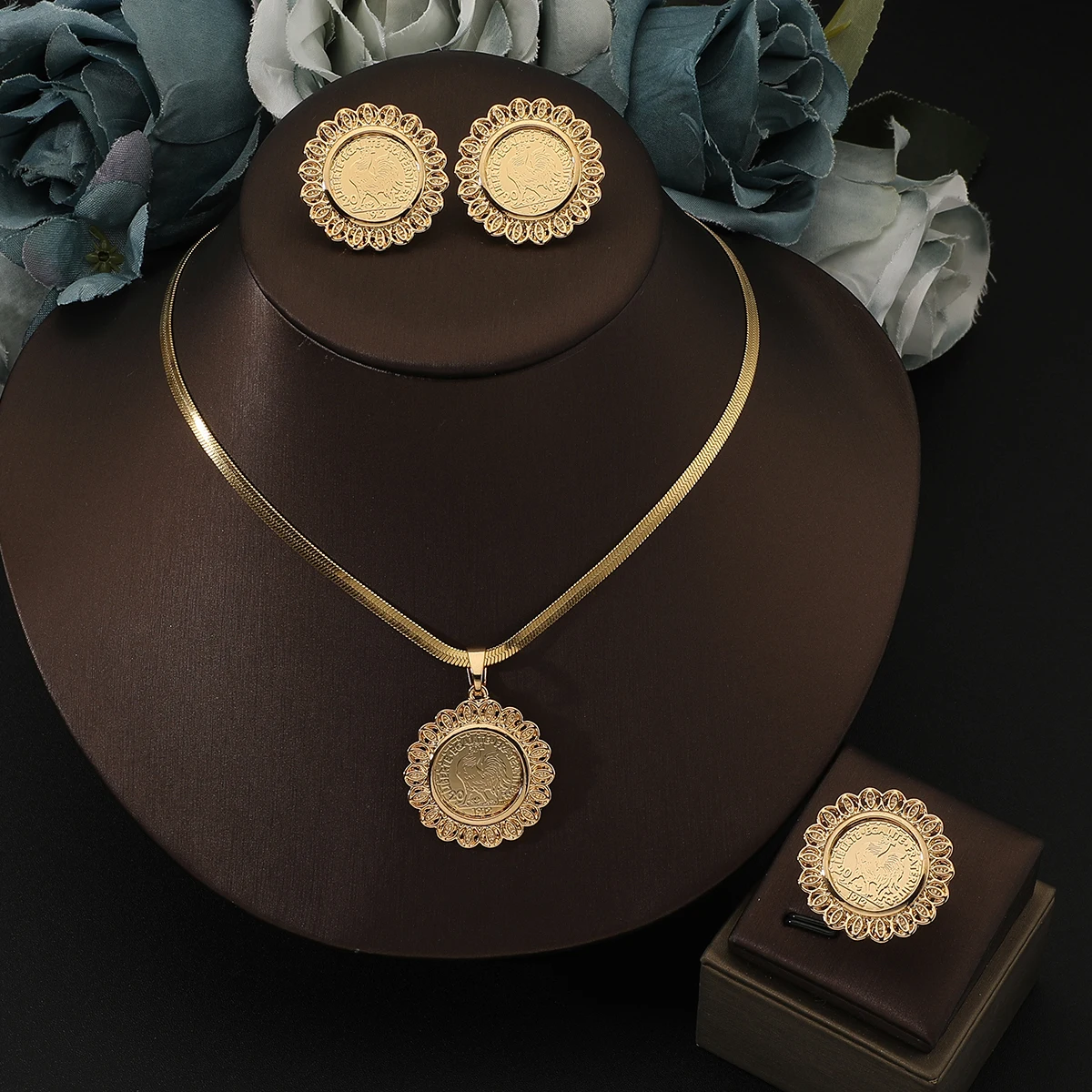 

Настоящее золото 18 карат из нержавеющей стали, кулон с цветком солнца, ожерелье, серьги, кольцо для женского комплекта ювелирных изделий, ювелирные подарки, не выцветают