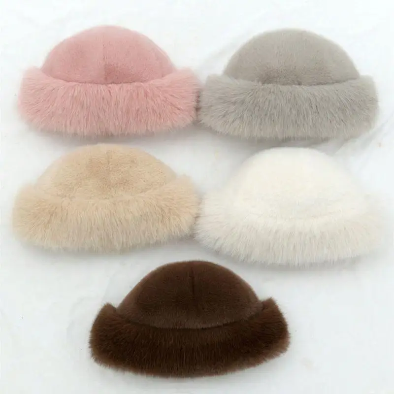 

Winter Thick Warm Furry Beanies Hat Women Imitation Mink Fur Russian Cap Solid Plush Brimless Cap Brimless Ski Hat Mongolian Hat
