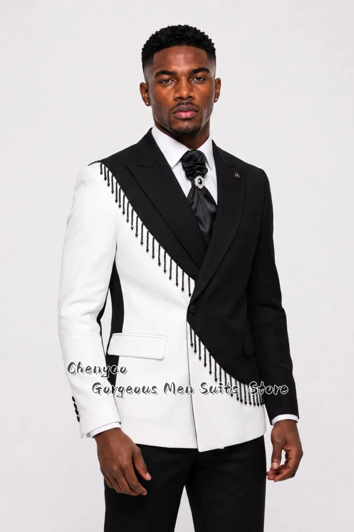 Men'S Grooming Jacket - ハイエンドファッション ビーズフリンジ メンズ スプライシングスーツ カスタムメイド グルームタキシード