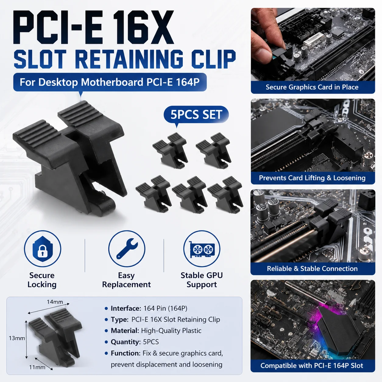 5Pcs Desktop Computer Mainboard PCIE 16X Graphics Card Slot Socket With Fishtail Fixing Clip PCIE X16 Socket Replacement