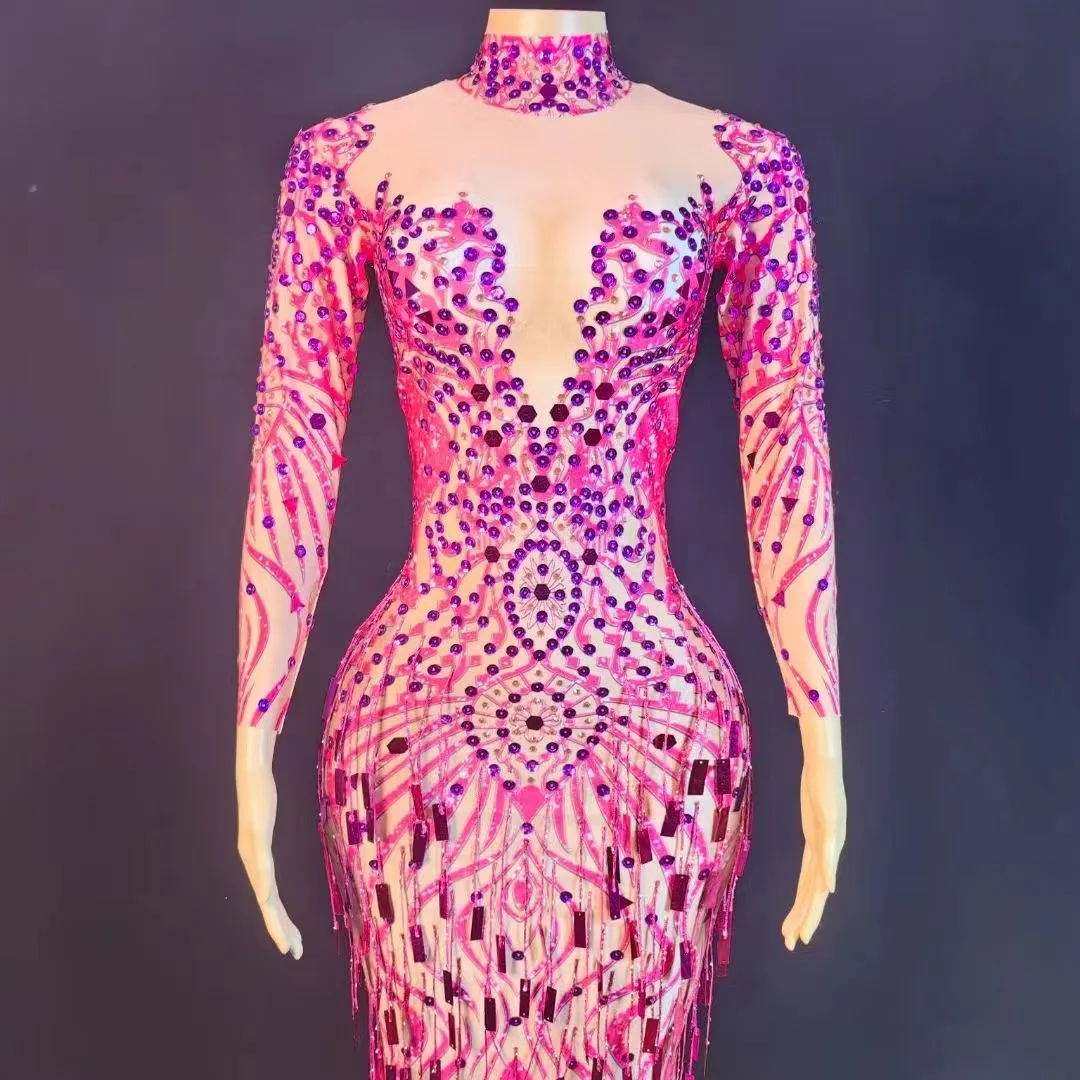 ชุดเดรสยาวสีน้ำเงินประดับเลื่อมและคริสตัลรูปทรงเซ็กซี่สำหรับงานแสดงบนเวที งานวันเกิด งานแสดง งานพรอม งานปาร์ตี้ เหมาะสำหรับนักเต้น นักร้อง และผู้หญิง