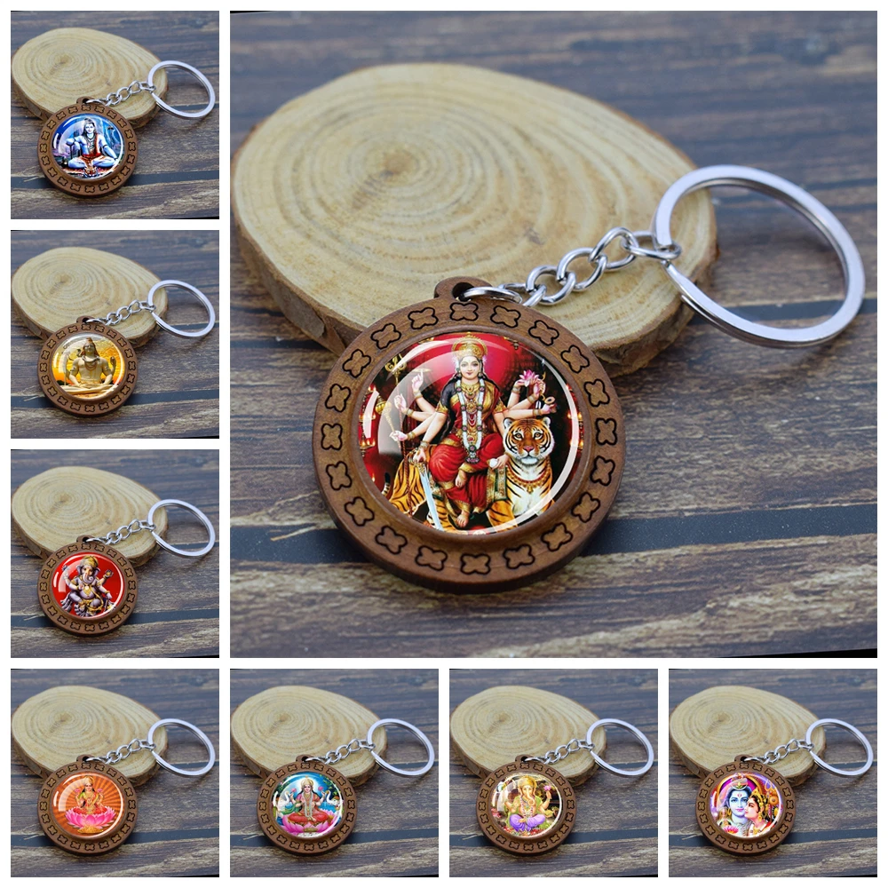 Hinduism God Keychain Ganesha Vishnu Shiva Amulet Wood Pendant Key Chain Goddess of Kashmi Wealth Keyring India Buddhism Jewelry