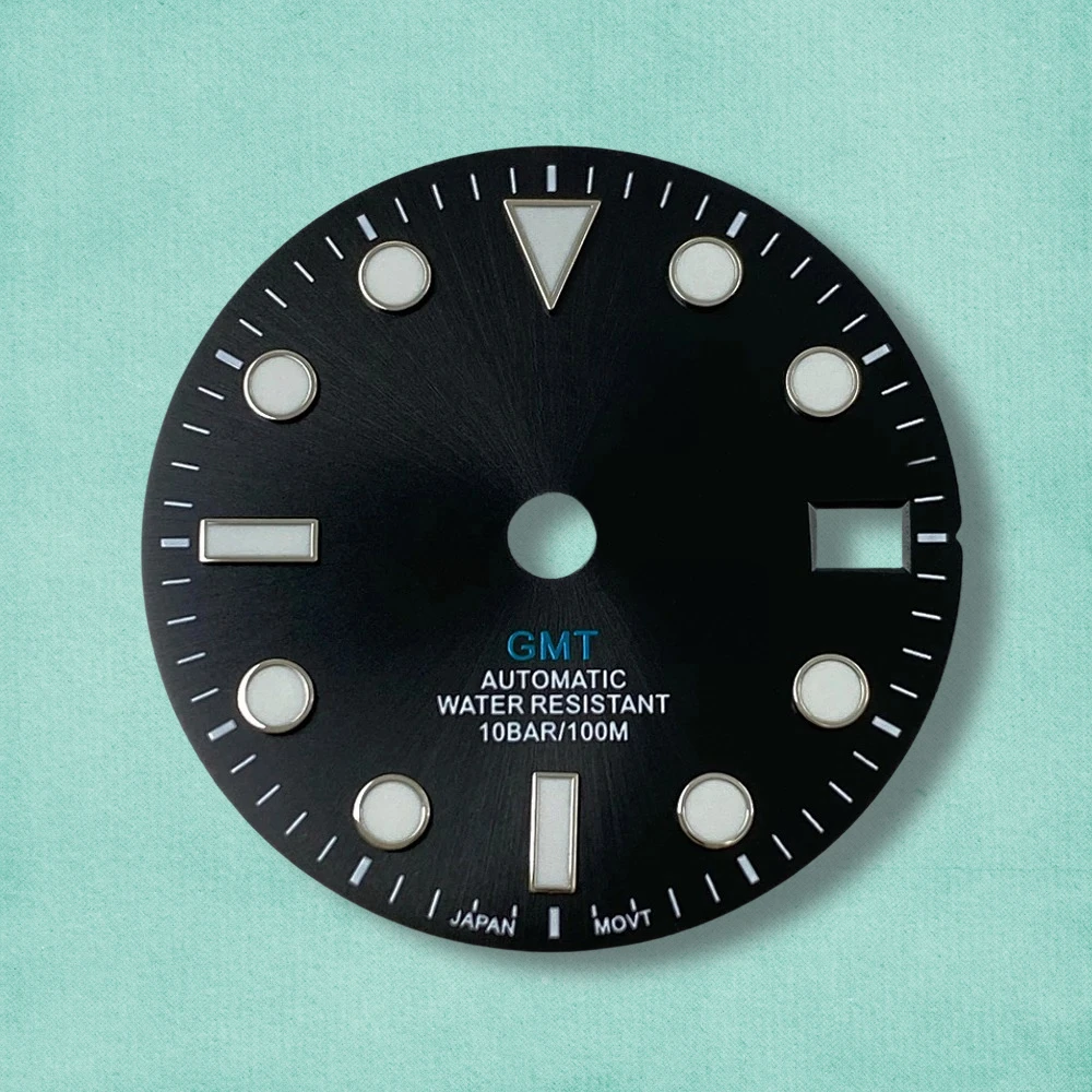 28.5mm GMT S Logo Sunburst Dial Fit NH34 Movement Green Luminous High-Quality Dial Watch Modification Accessories 3/3.8/4O'clock